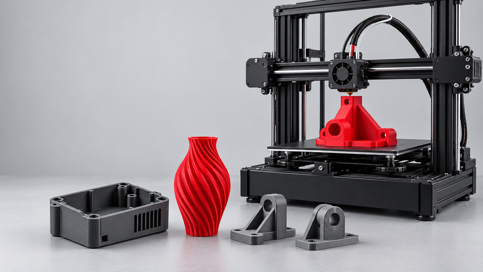 Açık gri bir atölyede 3D yazıcı, kırmızı baskı parçaları ve teknik prototipler