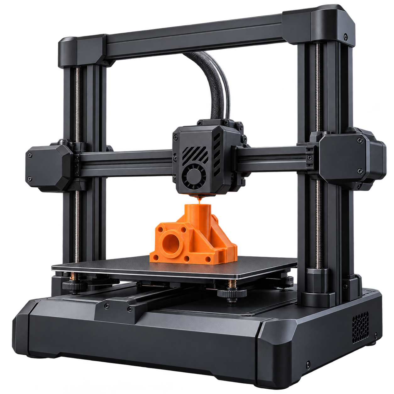 Turuncu bir teknik parça üreten siyah 3D yazıcı